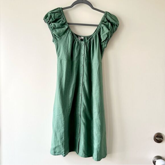 NWT Madewell Linen Margie Cap Sleeve Button Down Mini Dress in Green - Picture 6 of 10